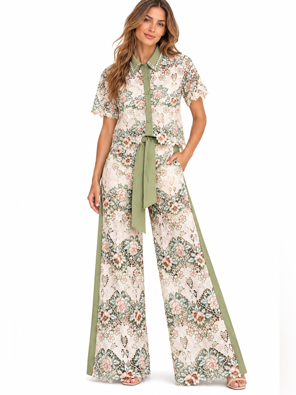084.New  Two piece set Floral  eLace Wide-Leg  with stones  Beaded  blouse Cotto